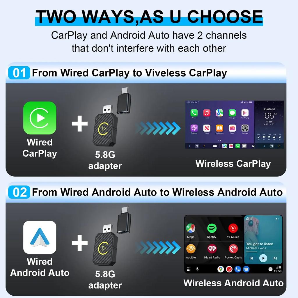 2 In 1 Mini Wireless CarPlay & Android Auto Wireless Adapter Plug and Play Compatible iPhone/Android For Havel Kia Volvo