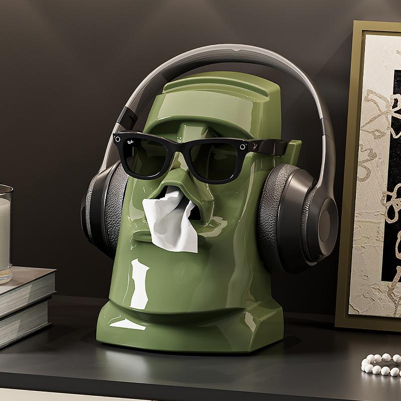 Moai Stone Head Tissue Box Large Capacity Built In Spring Headphone Stand Sunglasses Holder For Home Bathroom Desktop