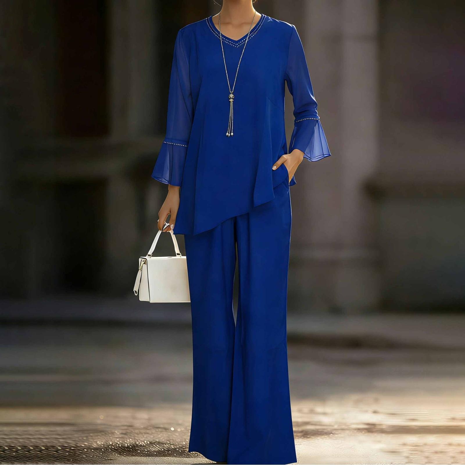 Women s Summer Chiffon Rhinestone Embellished Two Piece Set Relaxed Fit Asymmetric Top and Wide Leg Pants Outfit L