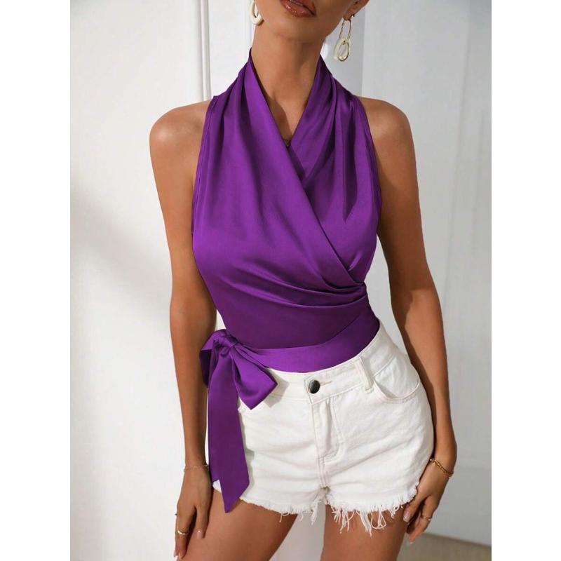 Top da Donna Primavera Estate in Raso con Scollo all'Americana Sexy Incrociato con Laccio Laterale Senza Maniche Corto Elegante per Festa e Lavoro