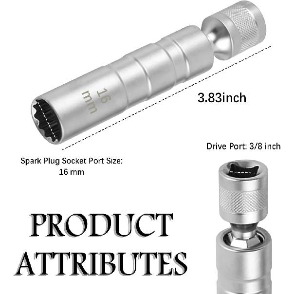 16mm 5/8" Spark Plug Socket with 3/8" Drive,12 Points Magnetic Spark Plug Tool with Thin Wall Design for Removing Glow Plugs,360° Rotatable Car
