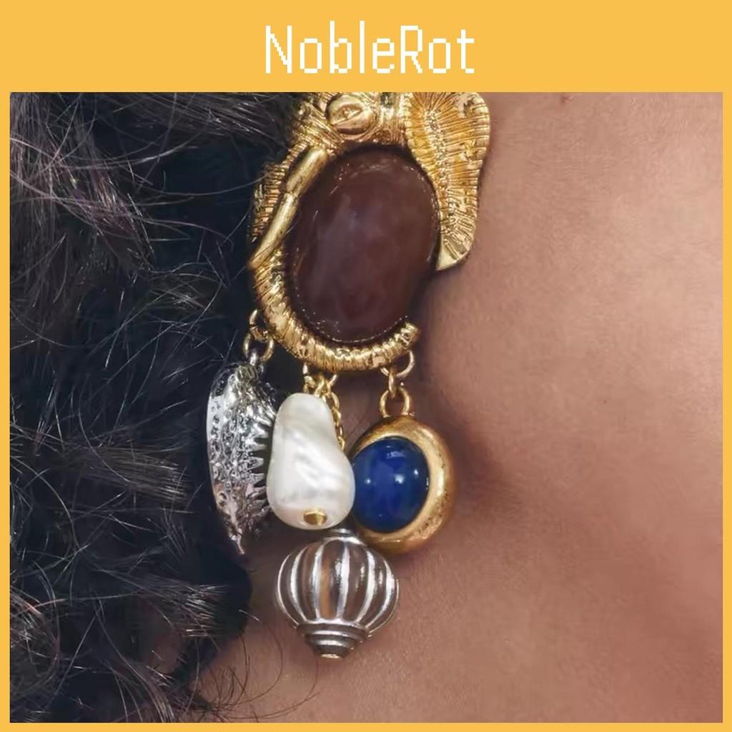 Elegant Retro Gemstone And Faux Pearl Earrings With Unique Shapes Asymmetrical