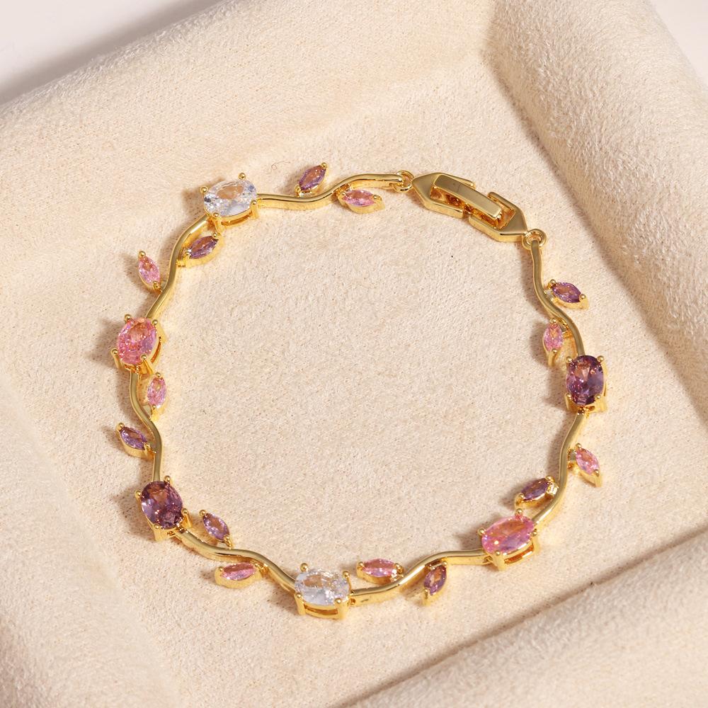 Braccialetto Rosa con Zirconia Cubica e Fiori di Vite, Braccialetto Metallico Dolce e Romantico per Donne Gioielli Regali per Matrimoni e Feste