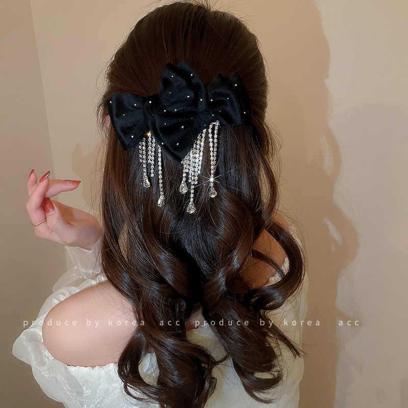 Elegant Korean Velvet Polka Dot Hair Clip with Rhinestone Bow and Tassel
