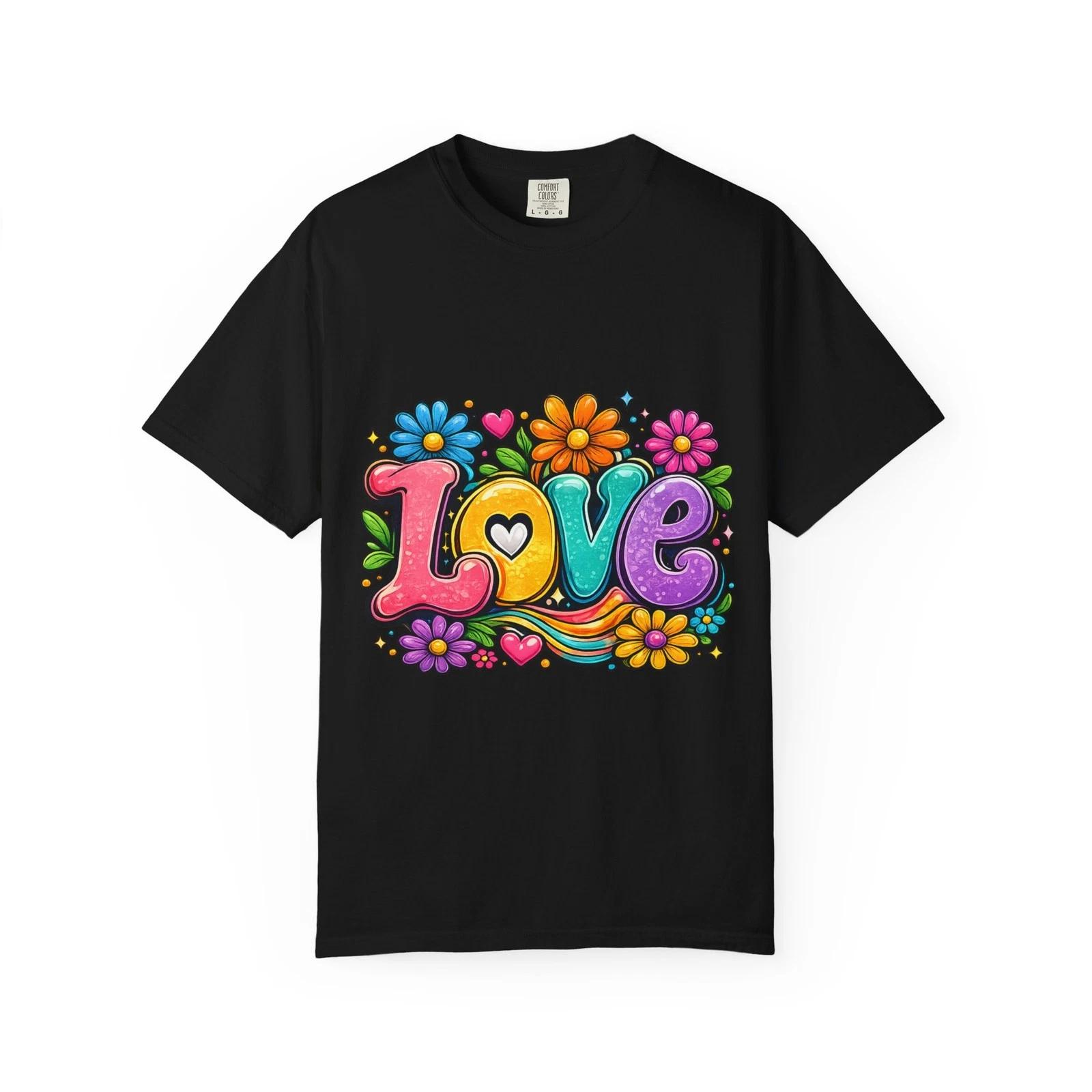 Retro Floral Love Design T-shirt | Colorful 70s Heart Typography XS