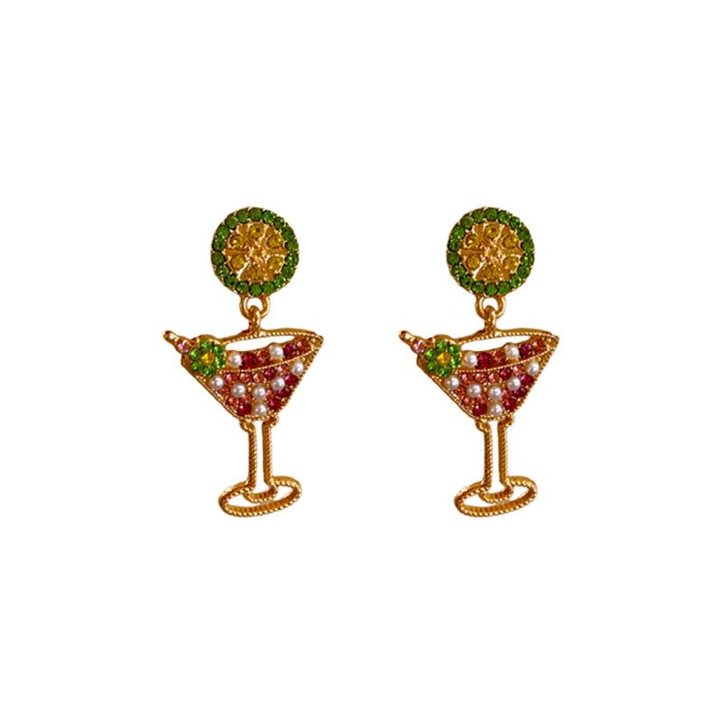 European and American diamond-set lime wine glass pearl earrings, personality trend fashion earrings, niche temperament creative earrings