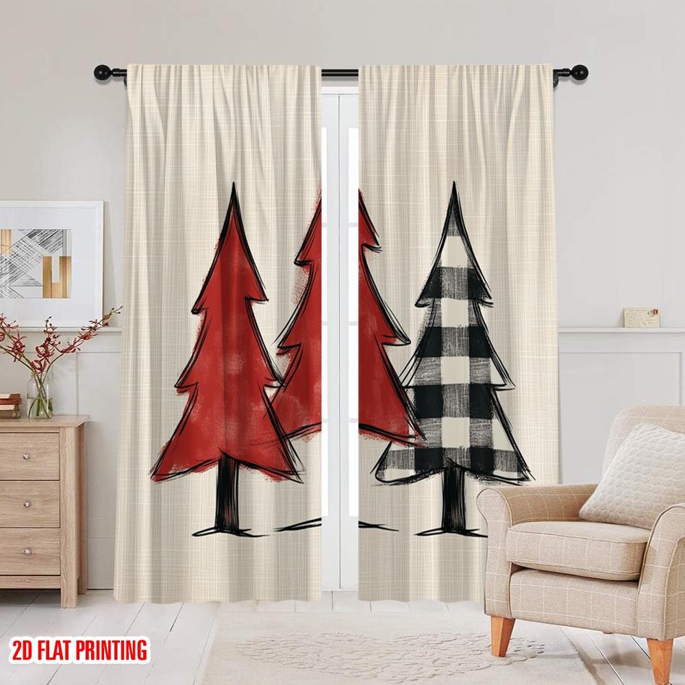 2pcs,2D plane printing Pattern Curtains Buffalo Plaid Trees Farmhouse Style (2) Durable 100% Polyester Fabric (without rod)