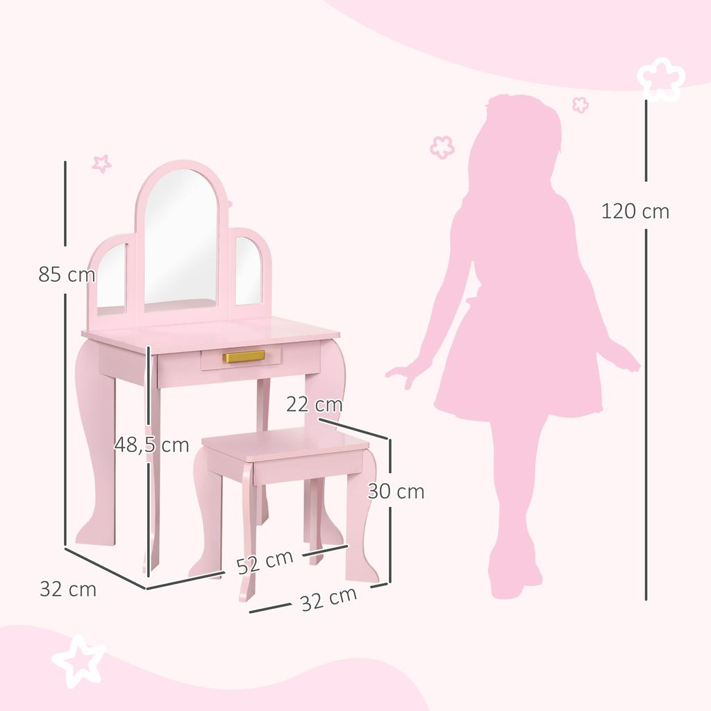 Kids Dressing Table Set, with Mirror and Drawer - Pink