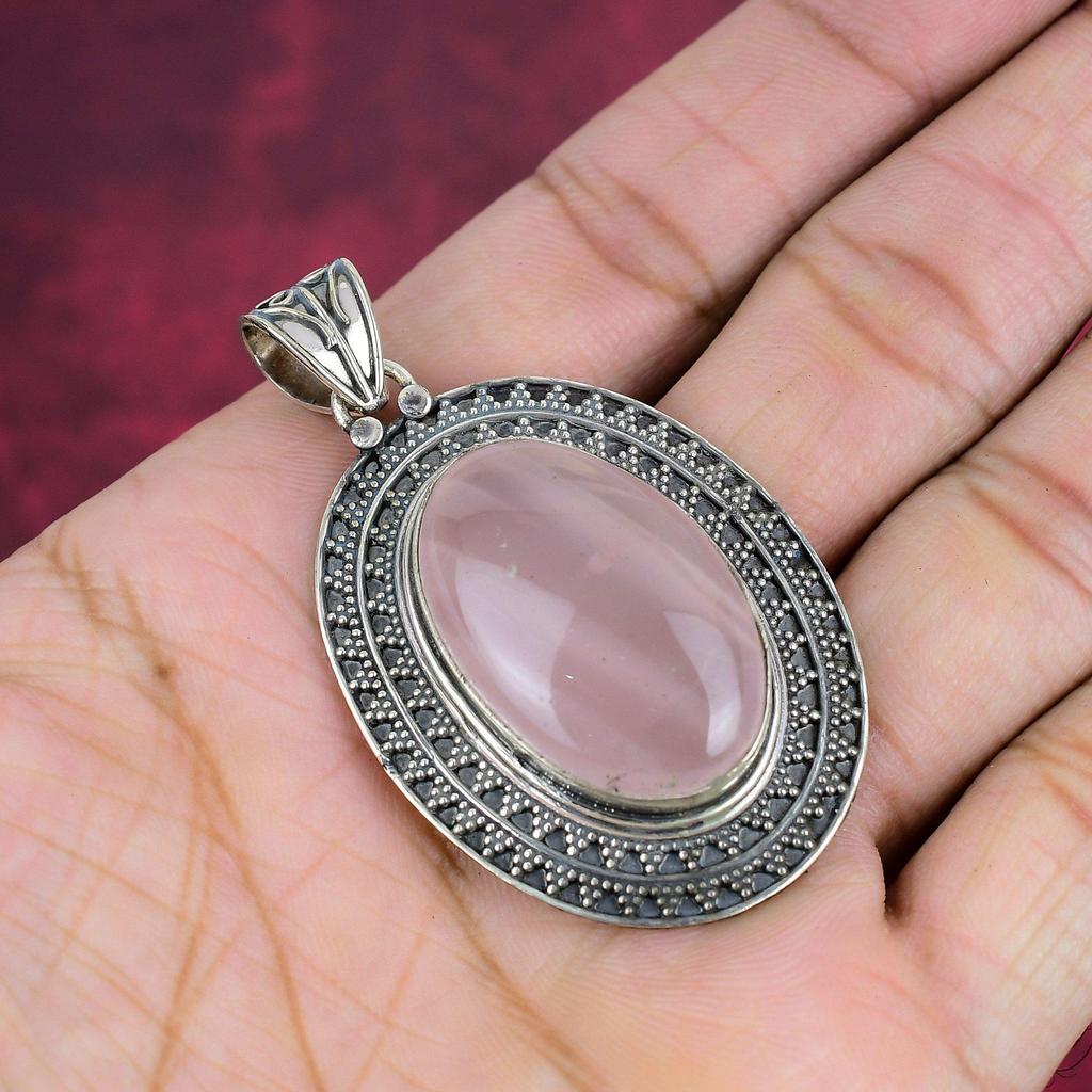 Rosenkvarts Hänge 925 Sterling Silver Hänge, Ädelstenssmycke Handgjort Kedjehänge, Fantastiskt Smyckesgåva Till Henne