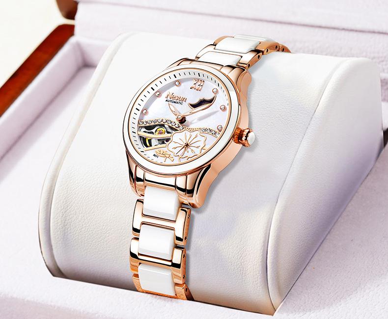 Montre Mécanique Automatique pour Femme NESUN - Élégante, Lumineuse, Étanche, Design Squelette pour Cadeau de Saint-Valentin