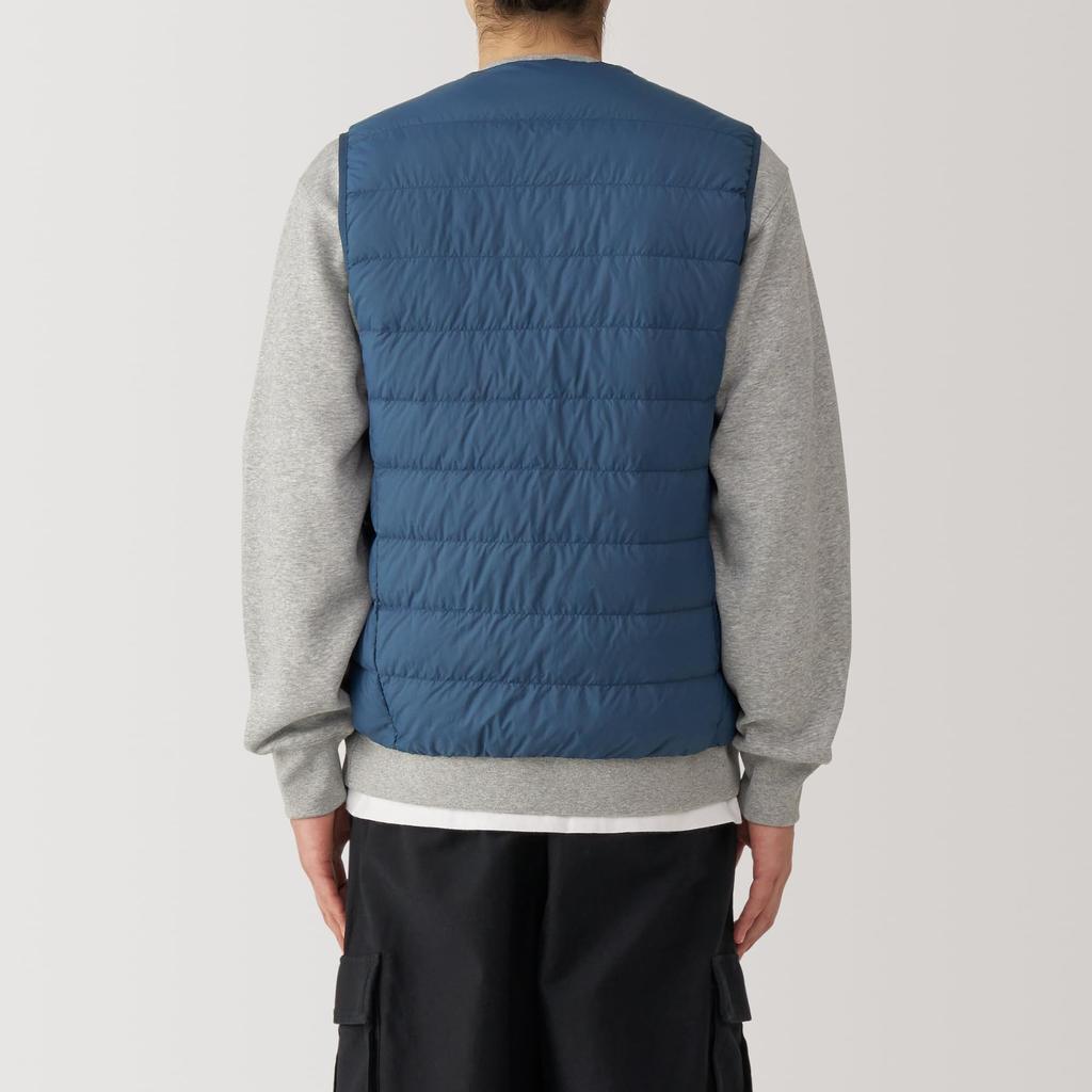 MUJI Lightweight Down Collarless Vest AD0U7A4A Smoky Size L Men's (Anti-Static Lining) Blue,