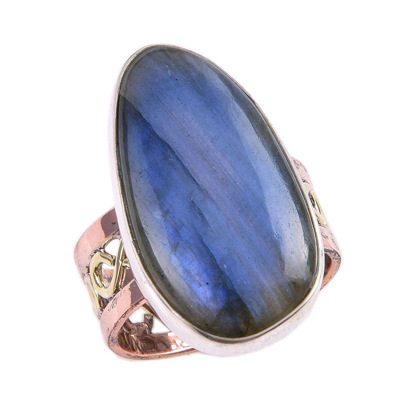 Natural Labradorite Gemstone Handmade 925 Sterling Silver Two Tone Ring S.8 R1R49