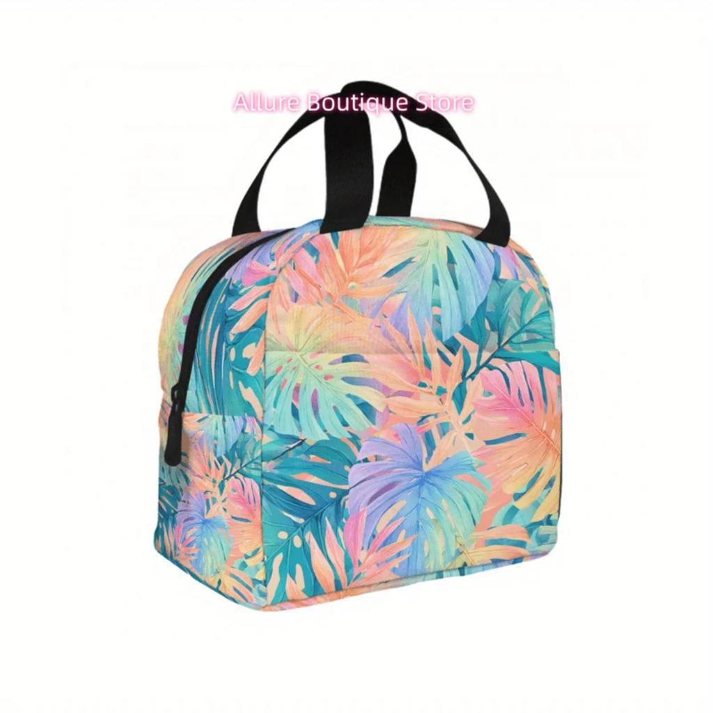 1pc Tropical Leaf Lunch Bag for Adults - Small Square -Friendly Lunchbox Carrier with Handle, Stylish Soft Lunchbox for Men & Wo