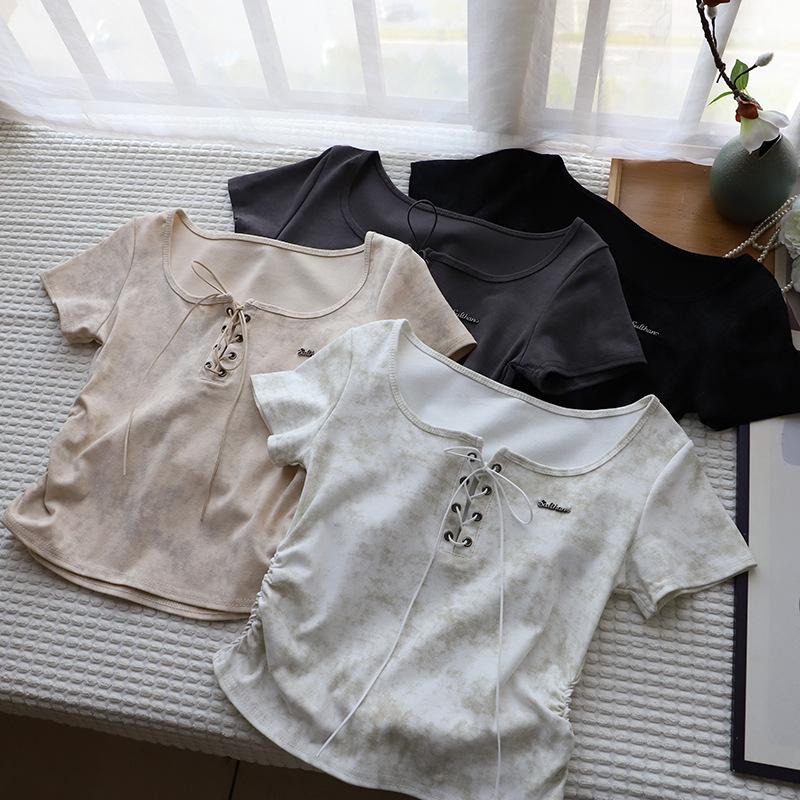 

Bi Zheng 2025 Korean U-Neck Tie-Dye Ruched Slimming Short-Sleeve Women s Top One Size чорний