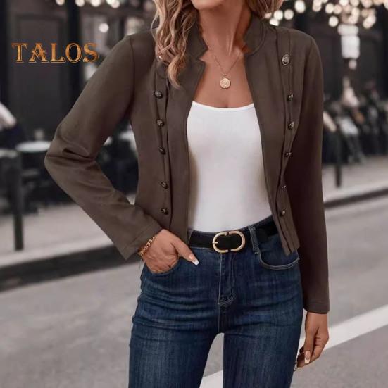 Frühlings- und Herbstmantel für Damen, zweireihig, Stehkragen, Knöpfe, schmale Passform, lange Ärmel, Strickjacke im Retro-Stil, Outdoor-Jacke für den Alltag