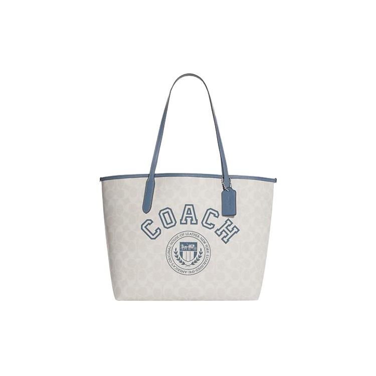 New COACH City Artificial Leather Tote Bag Shopping Bag Shoulder Bag Handbag Large Size Women's Chalk White & Indigo CB869-SVUOB