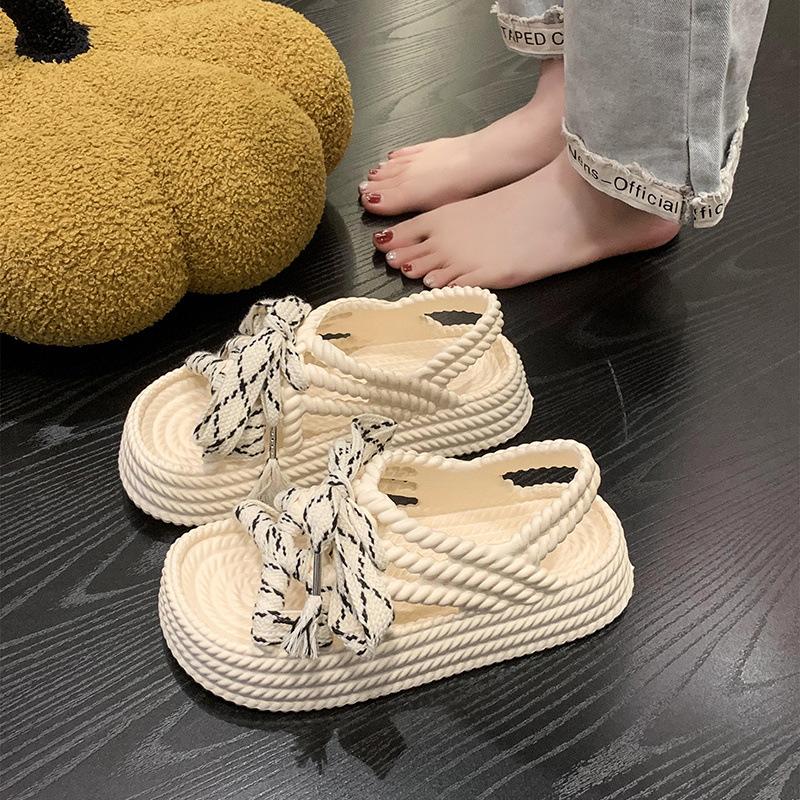 

Fashion Women Platform Sandals 2025 New Summer Outdoor Casual Lace-up Weave Roman Flat Shoes Fashion Comfortable Soft Bottom Beach Muje 35-36