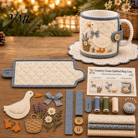 Quilted Mug Sleeve Pattern Farmhouse Friends Cozy Sewing Kit, DIY Animal Cup Craft, Handmade Fabric Craft Supplies Project with Festive Patterns,