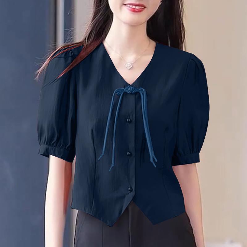 

ZANZEA Женская летняя повседневная блузка с V-образным вырезом и короткими рукавами S тёмно-синий
