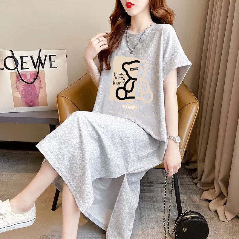 Idle Style Short Sleeve T-shirt Skirt Women's Summer Casual Loose Overknee Dress Pure Cottom Long Dress Plus Size Women's Clothing