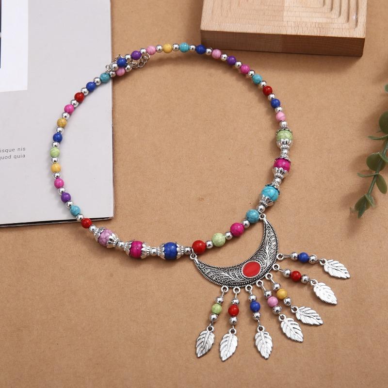 1PC Ethnic Style Color Splitting Text Beads Oil Dripping Alloy Necklace Bai Chain Bell Pendant Collar Headdress