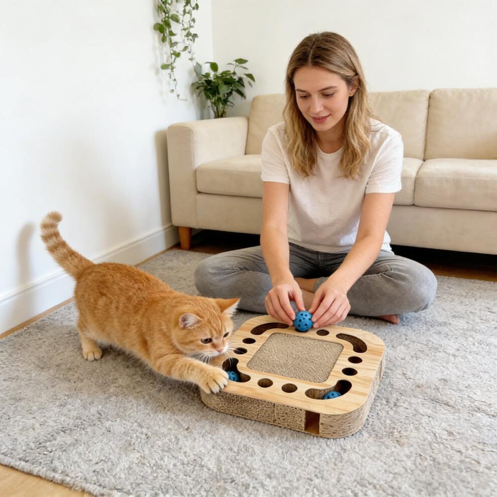 Scratching Pad Ball Track Cat Toy for Indoor Cats – Round Busy Box Scratcher with Bell Ball, Corrugated Cardboard & Rolling Tracks