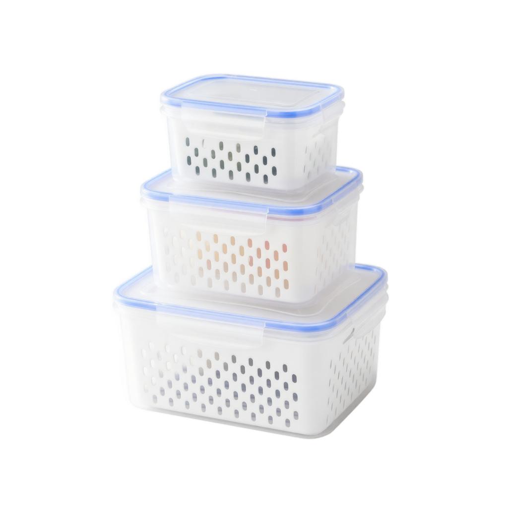 Plastic Food Storage Containers with Airtight and Colander, 3-Piece Set (Small+Medium+Large) for Kitchen and Vegetable Organization