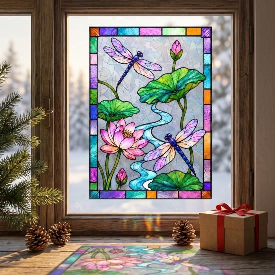 Waterproof Window Film Dragonfly Lotus Stained Glass Style Cling, Rainbow Suncatcher Static Pattern Decal, Privacy for Home Door Balcony Bathroom