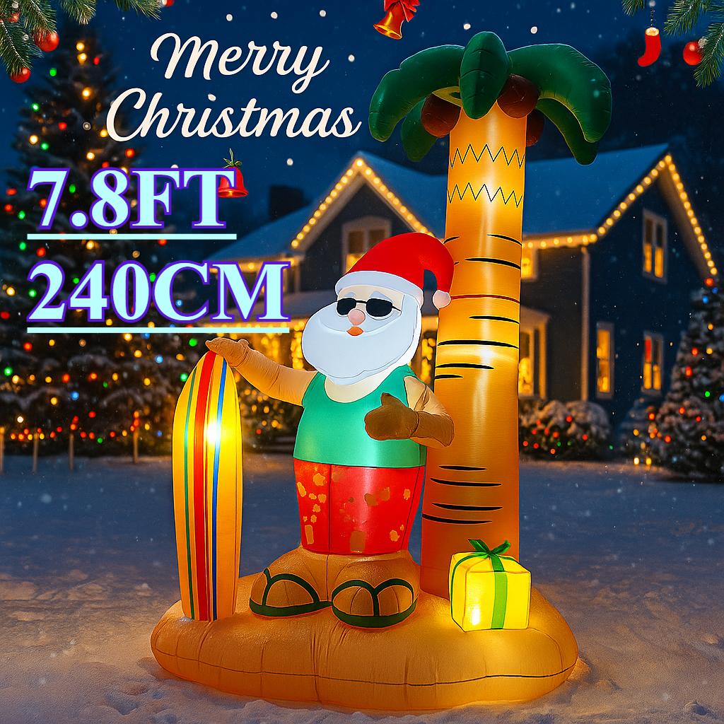 7.8FT Xmas Holiday Inflatable Yard Decor Beach Style Santa Claus Surfboard Palm Tree LED Christmas Toy Supplies Ornament Gifts