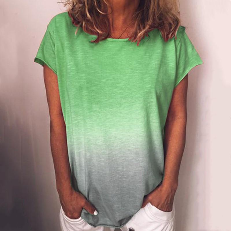 Summer Woman Plus Size Rainbow Gradient Printed Fringe Short Sleeve T-Shirt