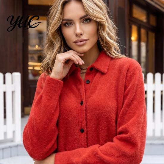 Lapel Shirt Coat Women Plush Cardigan Sweater, Long Sleeve Button Down Knit Jacket, Warm Casual Open Front Outerwear for Autumn Winter