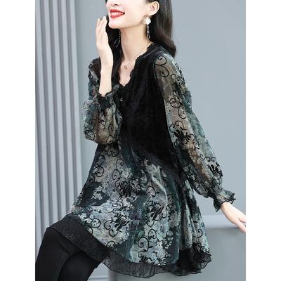 Fashionable Plus Size Chiffon Shirt Women's Spring/Autumn V-neck Patchwork Blouse
