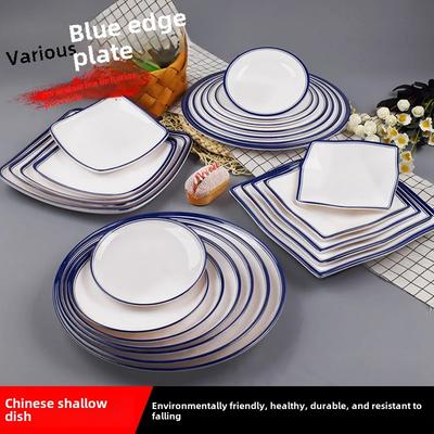 Blauer Rand Melamin Runder Speiseteller Keramik Simulation Kunststoffabdeckung Reisgießteller Quadratischer flacher Teller Fast-Food-Teller Buff