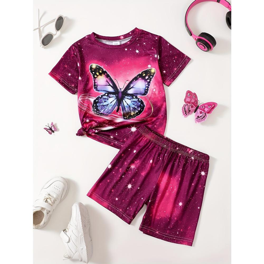' Short-Sleeve T-Shirt with Butterfly Print And Starry Background, Paired with Shorts, for Outdoor