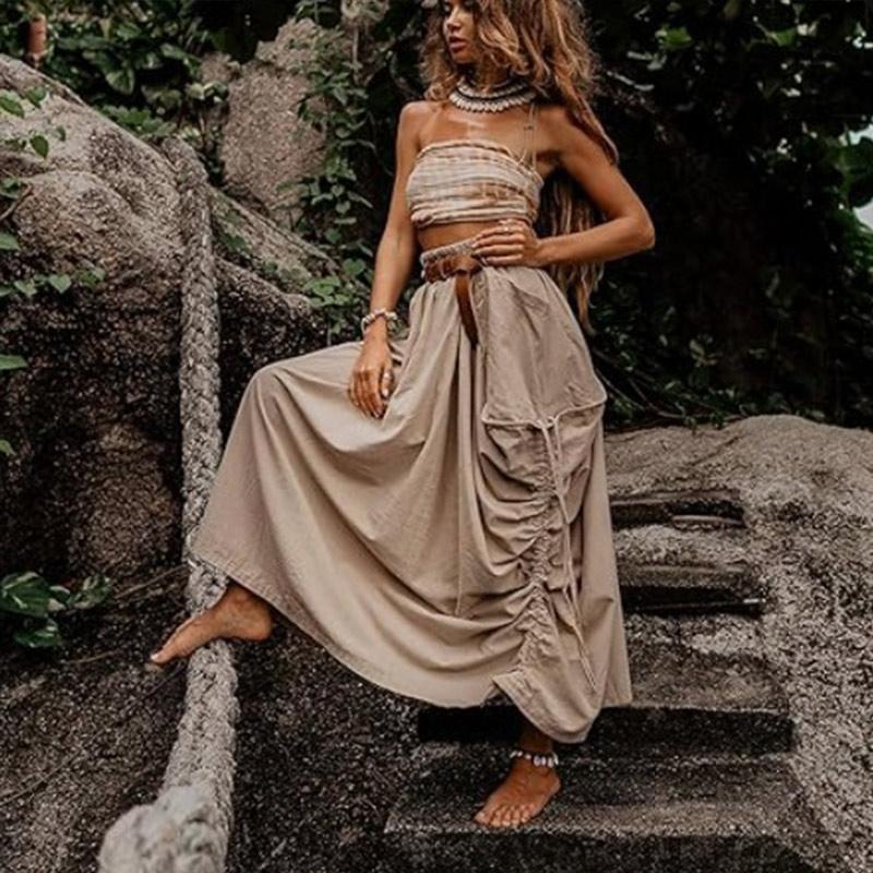 Women's Casual Half Skirt 2024 Drawstring Large Pockets Boho Loose Organic Cotton Long Skirt