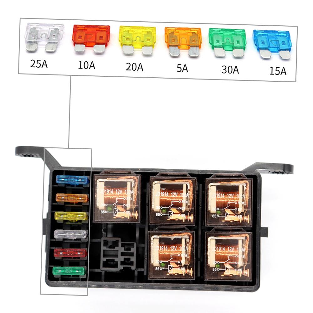 12 Slot Relay Box 6 Relays Slots 6 ATC ATO Standard Fuses Holder Block with 6Pcs Relays, 6Pcs Fuses Universal for