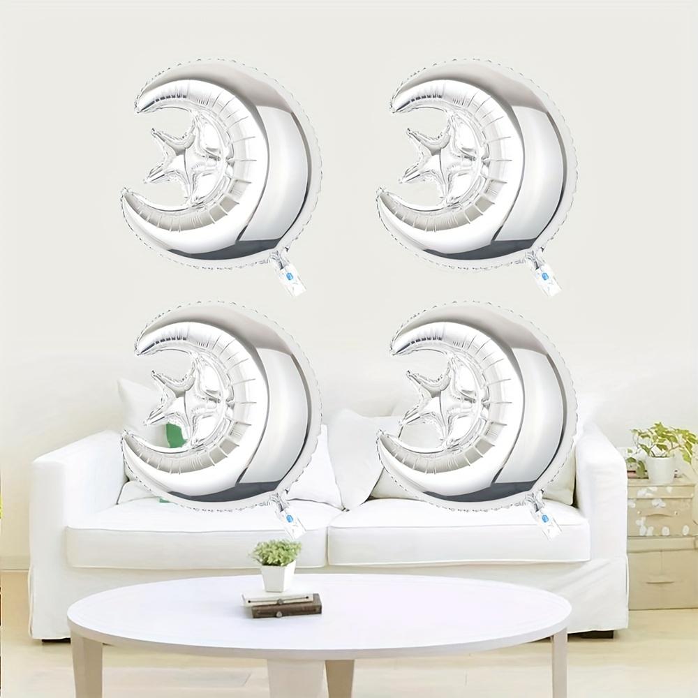 4-Pack of Silver Moon and Star Balloons, Moon and Star Foil Balloons, Suitable for Eid Al-Adha, Friends' Gatherings, and Theme Party Decorations