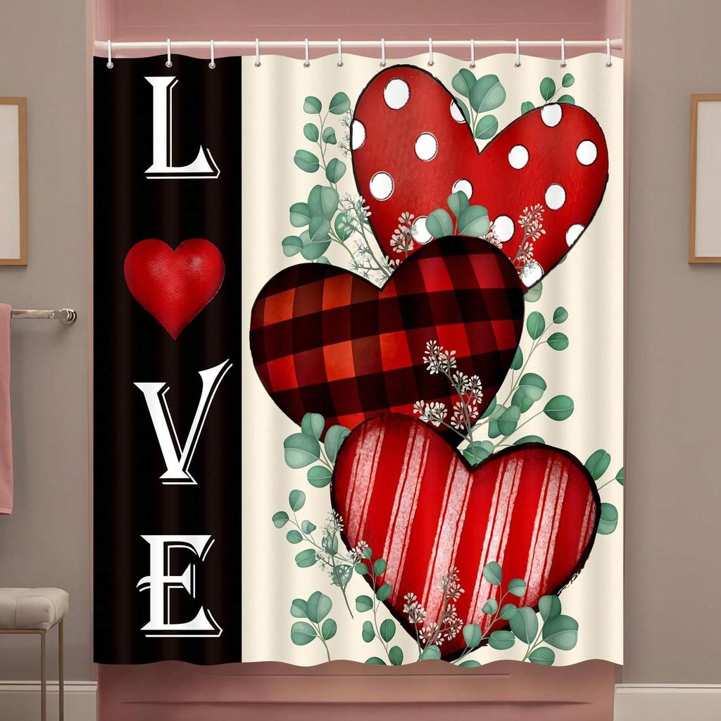 1 Pezzo Tenda da Doccia per San Valentino, Tenda da Doccia Romantica con Cuori Rossi per Bagno