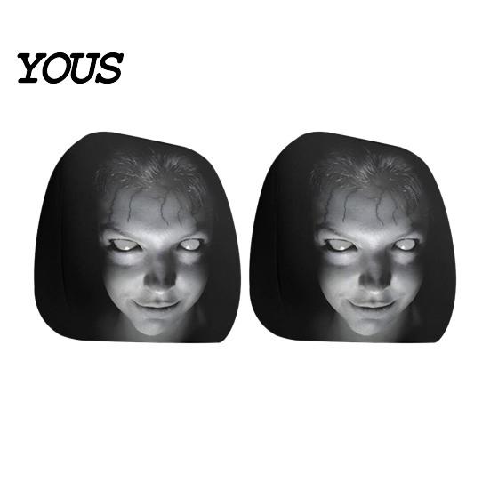 Easy to Install Vehicle Headrest Protectors 2PCS Car Cover with Scary Face Printing, Breathable Stretch Knitted Knit Fabric Dust Cover, Halloween