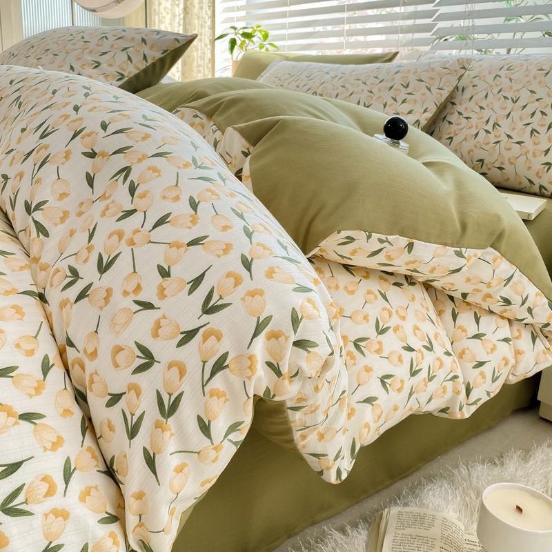 Super Soft Quilt Cover Four-piece Dormitory Bed Sheet Three-piece Washed Cotton Double-layer Yarn