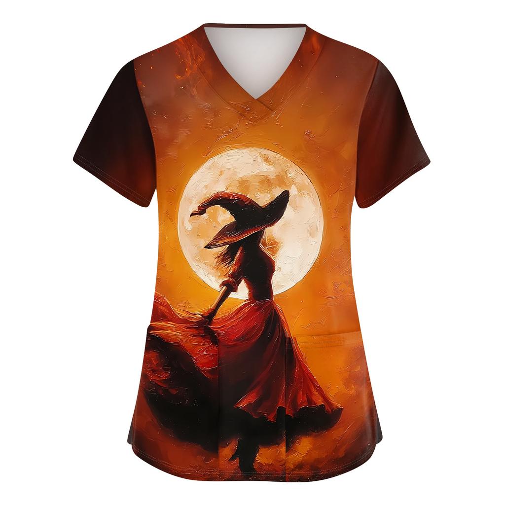 Women V Neck Short Sleeve Work Shirt Side Slit Top with Pockets Halloween Print Casual Blouse for Daily Wear