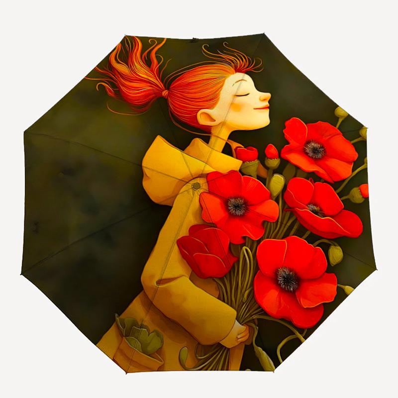 

1pc Whimsical Girl Automatic Folding Umbrella - Compact 8-Rib Design, Durable Plastic & Iron, 007