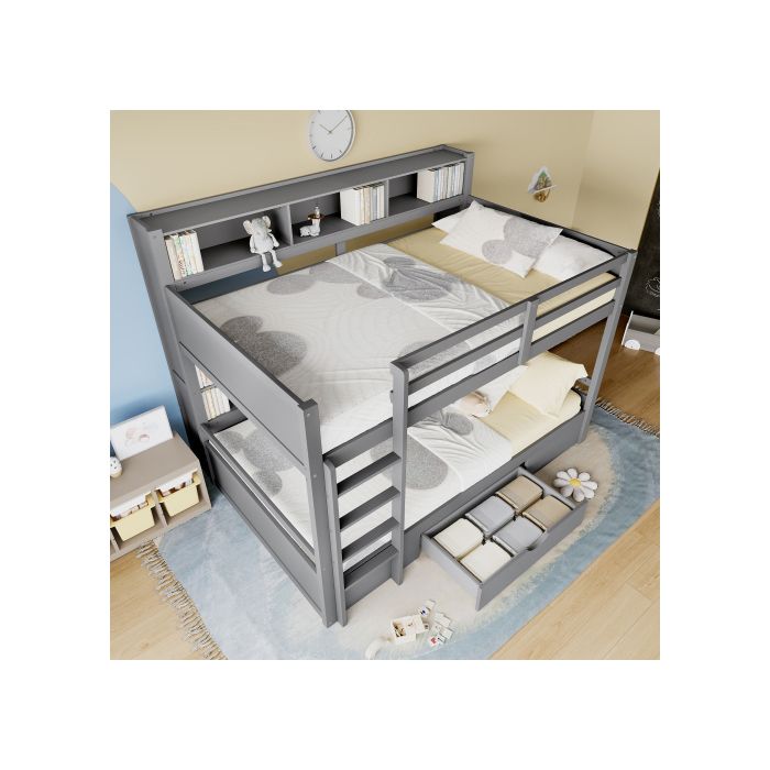 Lit Superposé - MUVOE - 90x200cm - Gris - Avec Tiroirs - Sécurisé Pour Enfants