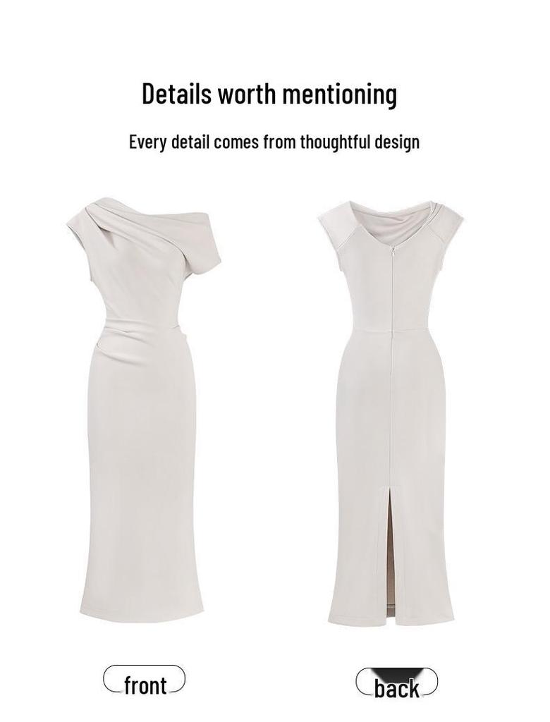 Stunning Apricot Off-Shoulder Bodycon Summer Dress - Women's Elegant Diagonal One-Shoulder Evening Gown