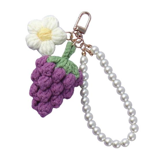 Crochet Flower Keychain Handmade Flower Fruit Bag Charm Cute Keychain Pendant with Faux Pearl Chain Accessory for Girls Women Keys Backpack