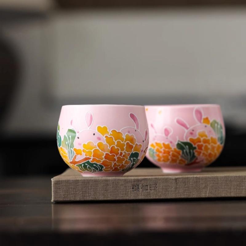 2pcs 80ml Pink Ru Yao Cute Rabbit Chinese Tea Cup Ru Kiln Ceramic Opening Beautiful Teacup Flowers Teaware Tea Tasting Cup