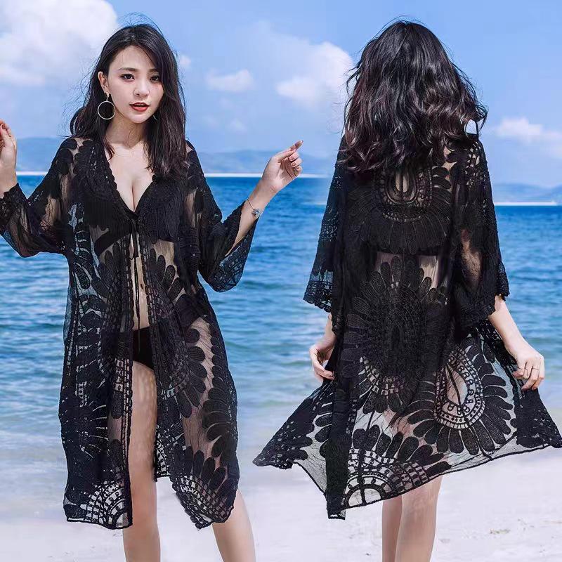 

Кардиган з мережива великого розміру, накидка для бікіні - дуже довгий, легка сітка One Size чорний