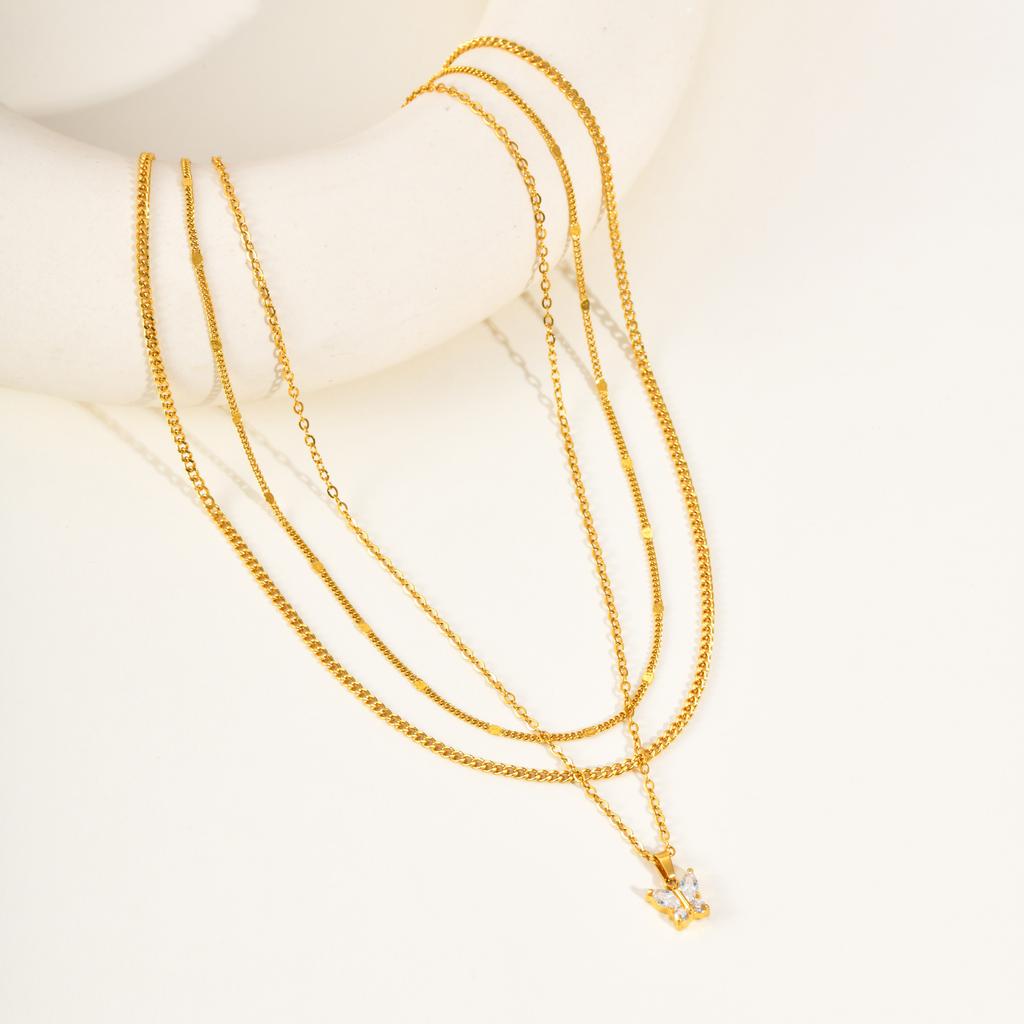 3pcs Set Simple Fashion 18K Gold Plated Stainless Steel Water Drop Heart Zircon Pendant Necklace for Women, Classic Jewelry Set