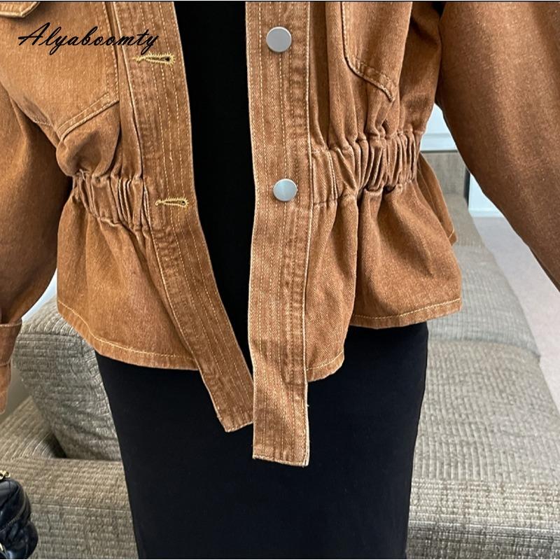 Korean Fashion Spring Autumn Women Brown Denim Jacket V Neck Beading Loose Basic Coat Long Sleeve Stylish Feminine Ladies' Outerwear