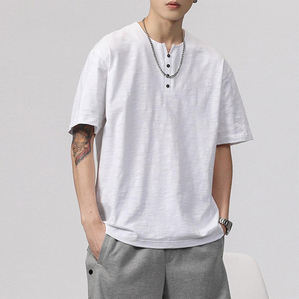 Men's Short-sleeve T-shirt Henley Collar Summer Casual Solid Color T Shirt for Men Polo High Quality Mens T-shirts